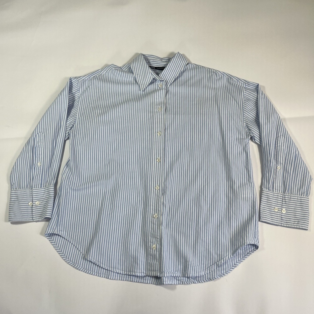 Zara Womens Small Blue & White‎ Striped Button-Up Shirt Long Sleeve